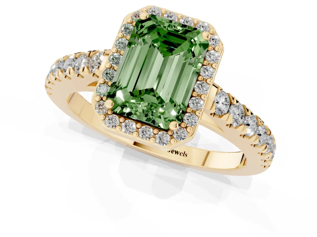 Fancy Green Emerald Cut Cut Halo Diamond Engagement Ring with Pave Band and Four-Prong Setting Yellow gold