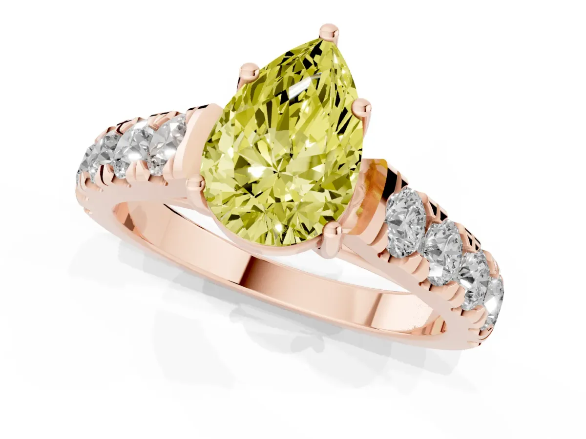 Fancy Yellow Pear Cut Cut Diamond Solitaire Ring with Micro Pave Band and Prong Setting Rose gold