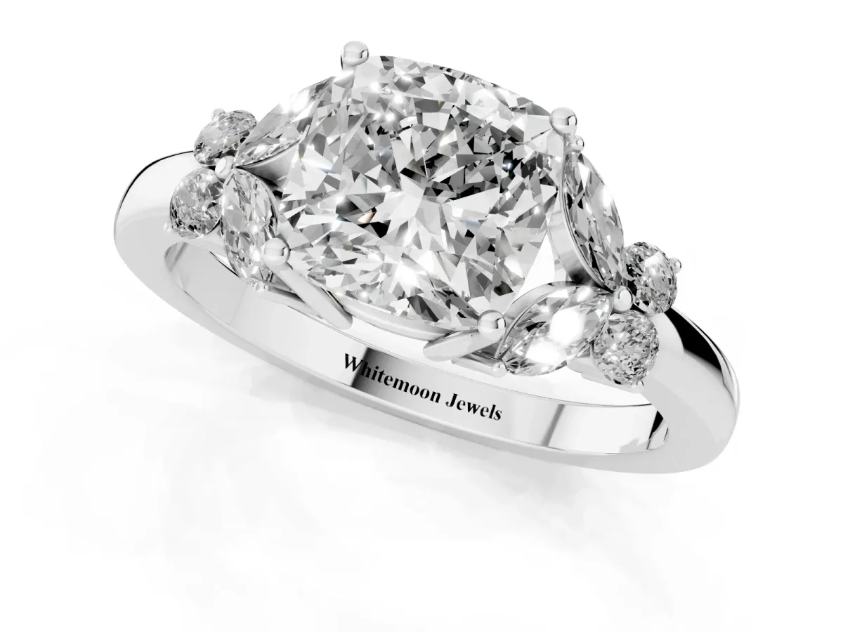 Cushion Cut Cut Solitaire Floral Diamond Ring with Four-Prong Setting Silver