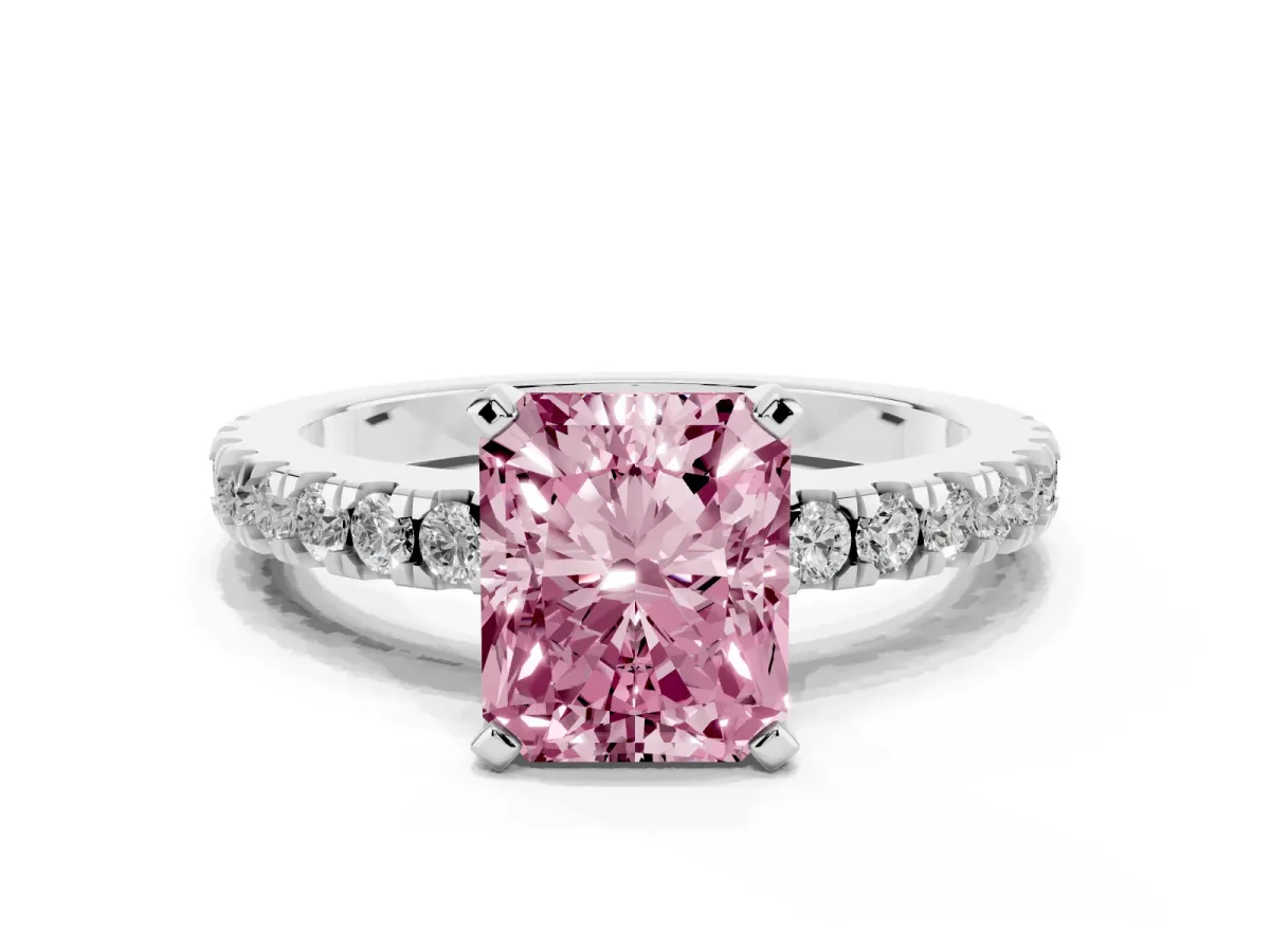 Fancy Pink Radiant Cut Solitaire Diamond with Pavé Band and Four-Prong Setting White gold