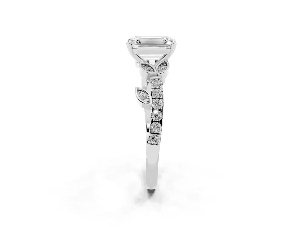 Emerald Cut Solitaire Leaf-Inspired Diamond Ring with Pavé Band and Four-Prong Setting Silver