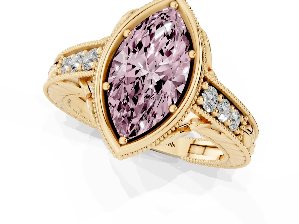 Fancy Pink Bezel Set Marquise Cut Diamond Milgrain Pave Engagement Ring Yellow gold