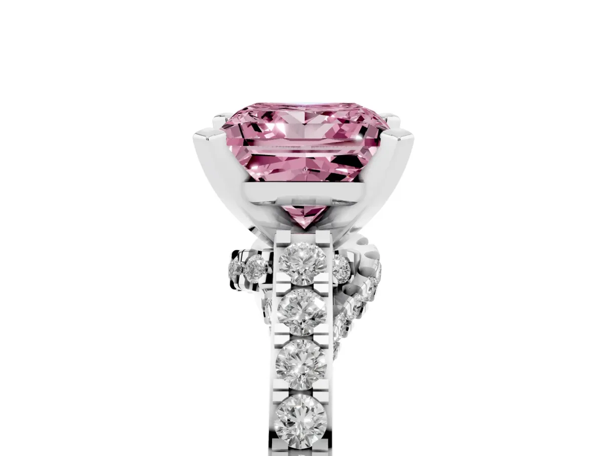 Fancy Pink Princess Cut Diamond Solitaire Ring with Crossover Gallery and Round Pavé Band Silver