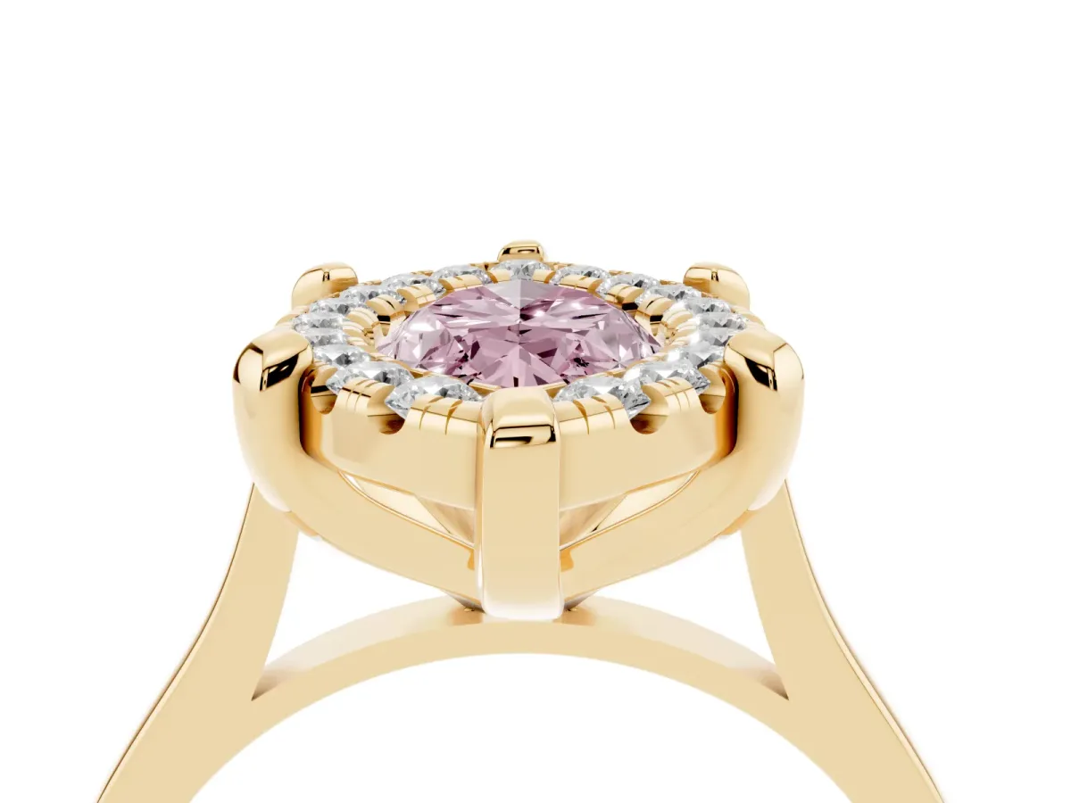 Fancy Pink Marquise Cut Diamond Cluster Halo Solitaire with Four-Prong Setting Yellow gold