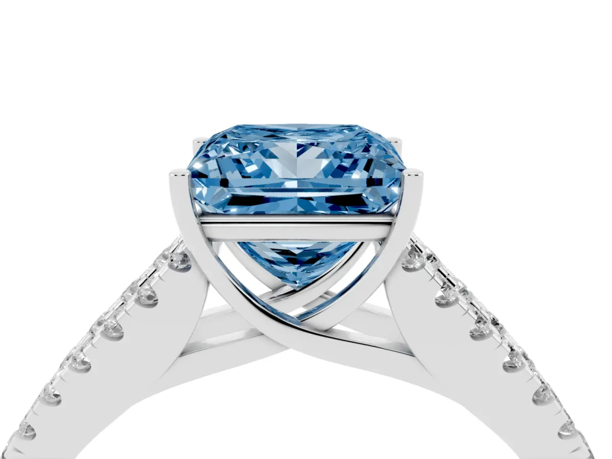 Fancy Blue Princess Cut Diamond Split Shank Engagement Ring with Round Pavé and Prong Setting Platinum
