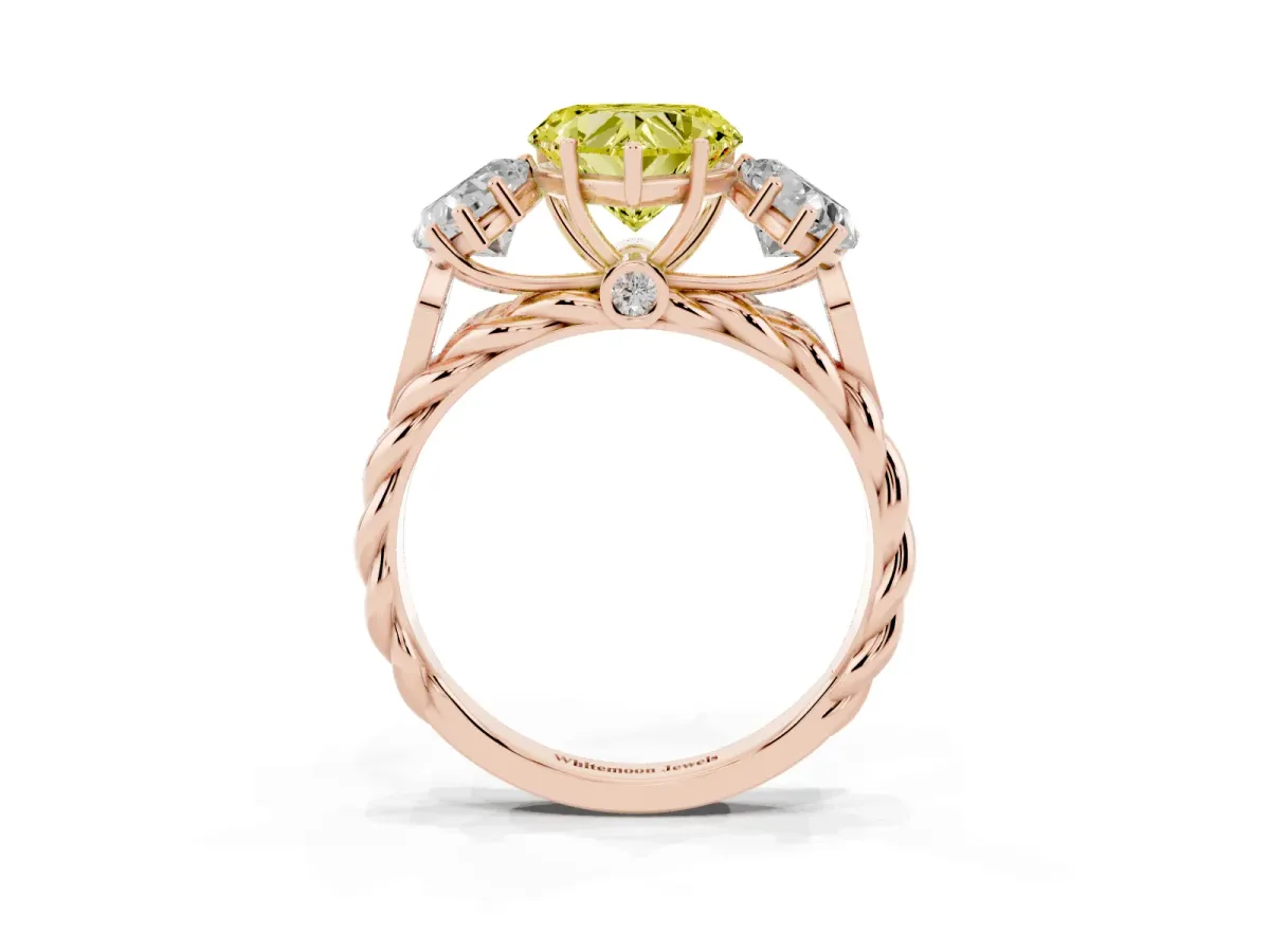 Fancy Yellow Three-Stone Heart Cut Diamond Braided Band Ring with Four-Prong Setting Rose gold