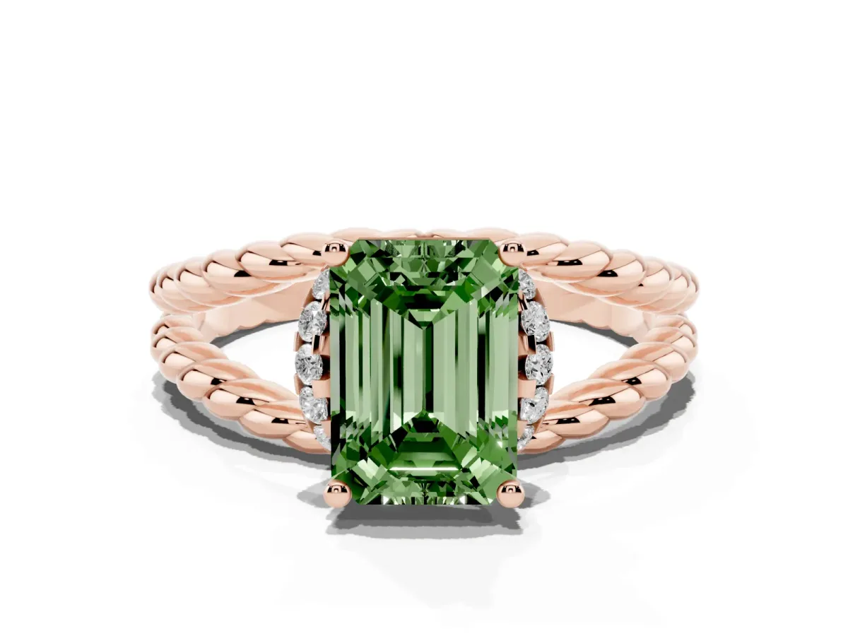 Fancy Green Emerald Cut Halo Twisted Band Four-Prong Ring Rose gold