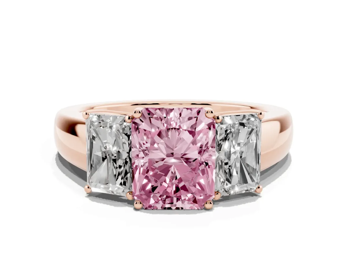 Fancy Pink Three-Stone Radiant Cut Cut Diamond Ring with Prong Setting and Classic Band Rose gold