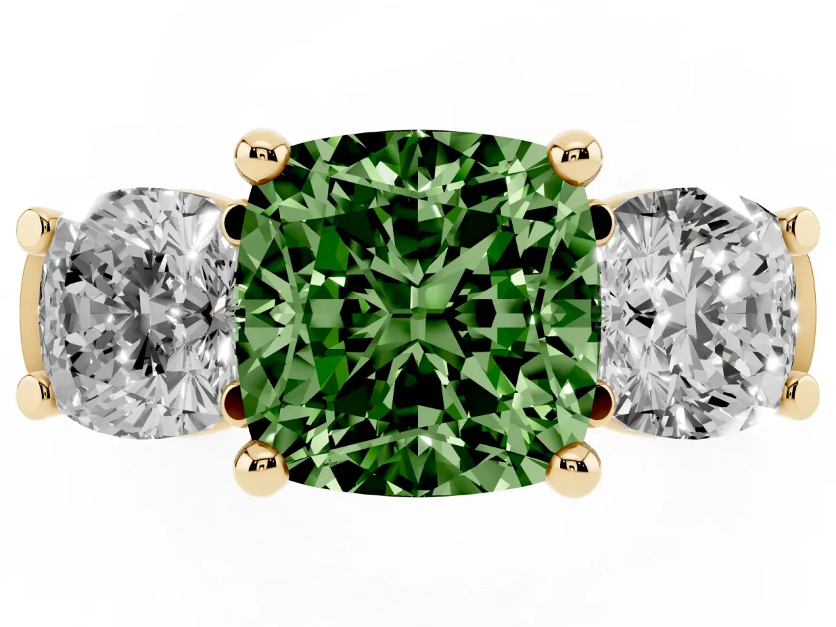 Fancy Green Three-Stone Cushion Cut Brilliant Diamond Trellis Ring with Comfort Fit Band Yellow gold