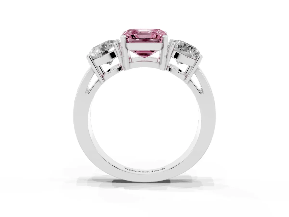 Fancy Pink Three-Stone Asscher Cut Diamond Ring with Round Side Stones, Classic Band, and Four-Prong Setting Silver