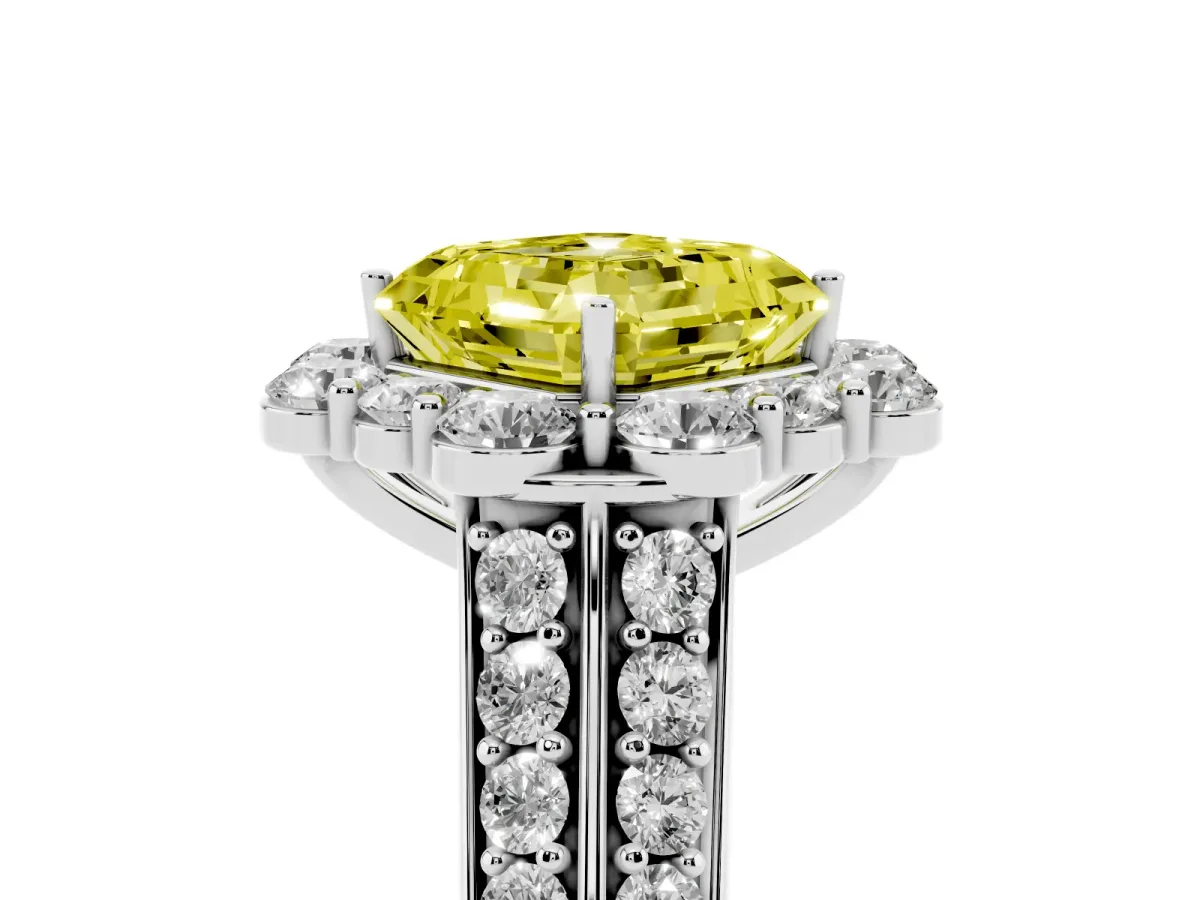 Fancy Yellow Asscher Cut Halo Diamond Engagement Ring with Split Shank and Prong Setting Silver