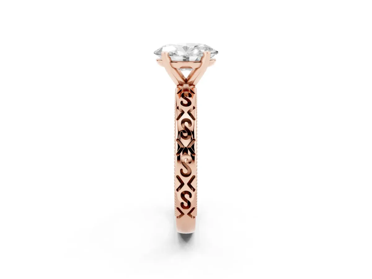 Oval Cut Solitaire Engagement Ring with Scrollwork Band and Four-Prong Setting Rose gold
