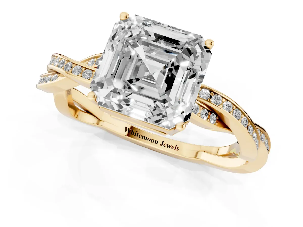 Asscher Cut Solitaire Twisted Pave Diamond Ring with Four-Prong Setting Yellow gold