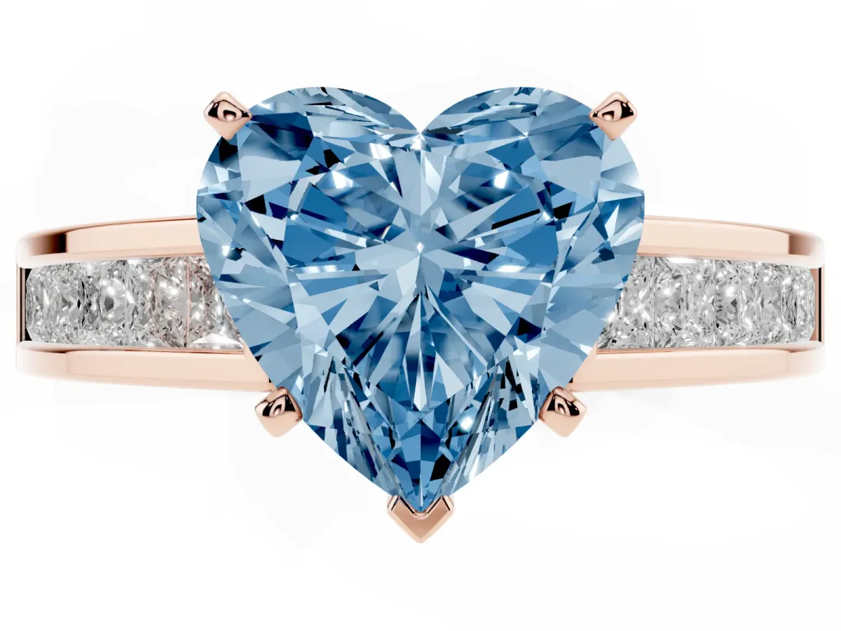 Fancy Blue Heart Cut Solitaire Diamond Ring with Channel-Set Band and Four-Prong Setting Rose gold