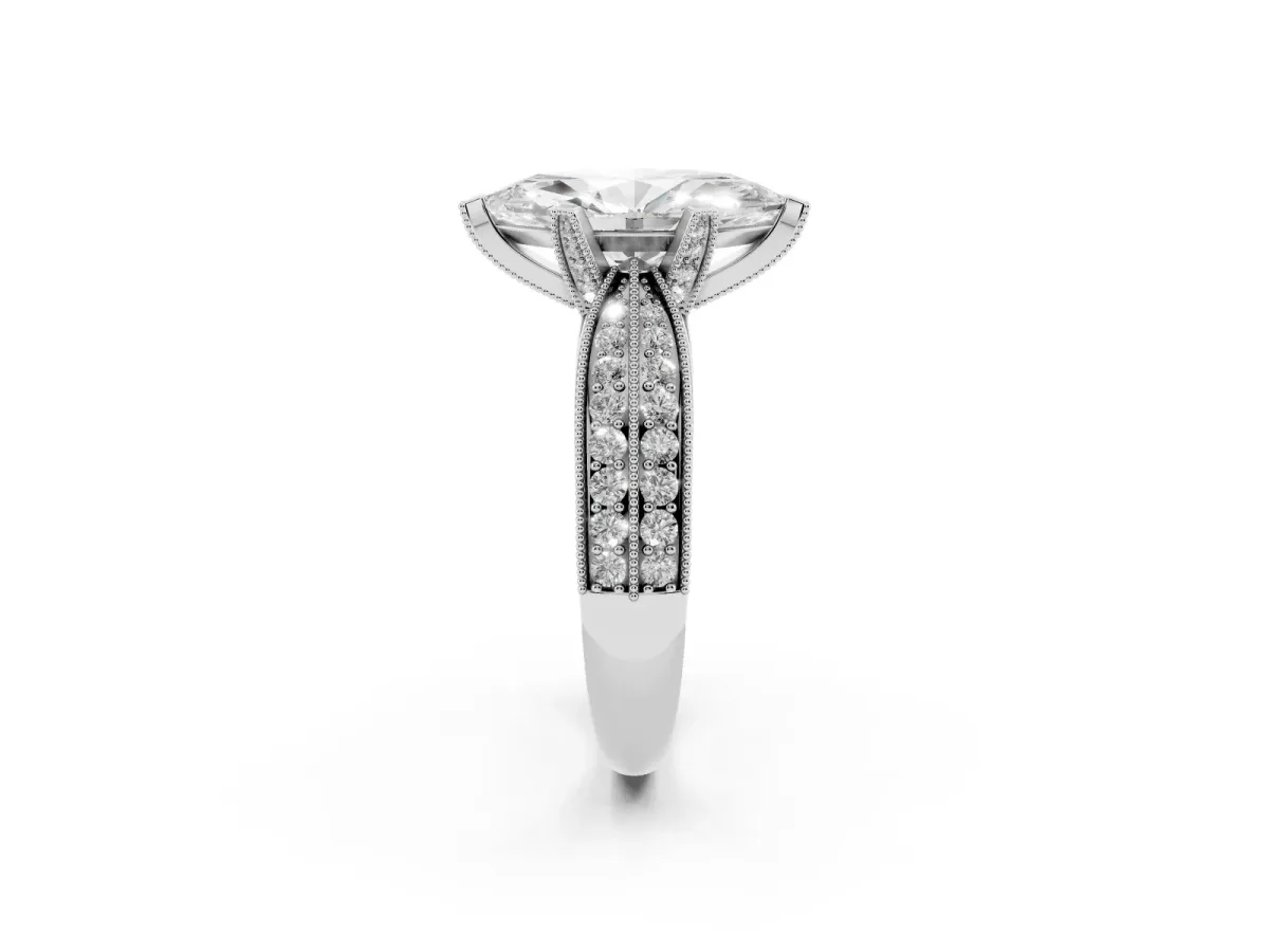 Marquise Cut Diamond Solitaire Ring with Milgrain Round Pavé Band and Prong Setting Silver