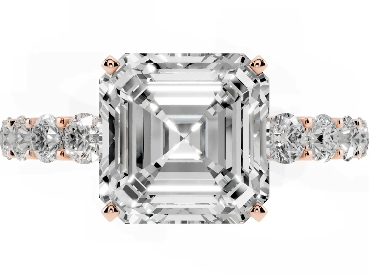 Asscher Cut Diamond Solitaire Ring with Shared Prong Pavé Band and Four-Prong Setting Rose gold