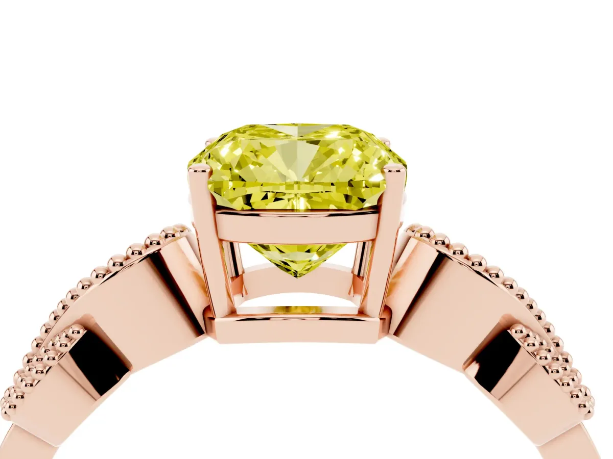 Fancy Yellow Cushion Cut Solitaire Milgrain Leaf Band with Prong Setting Rose gold