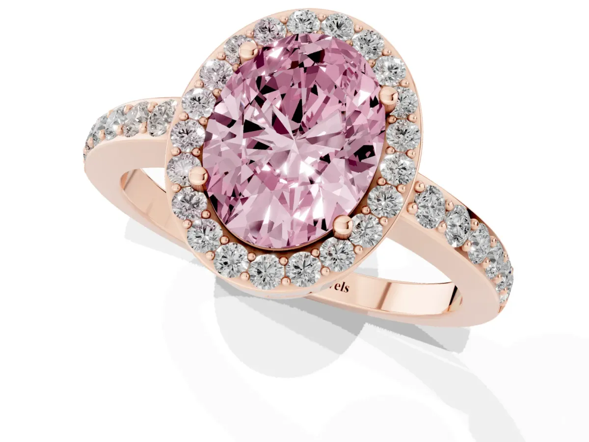 Fancy Pink Oval Cut Halo Diamond Pavé Band Ring with Prong Setting Rose gold