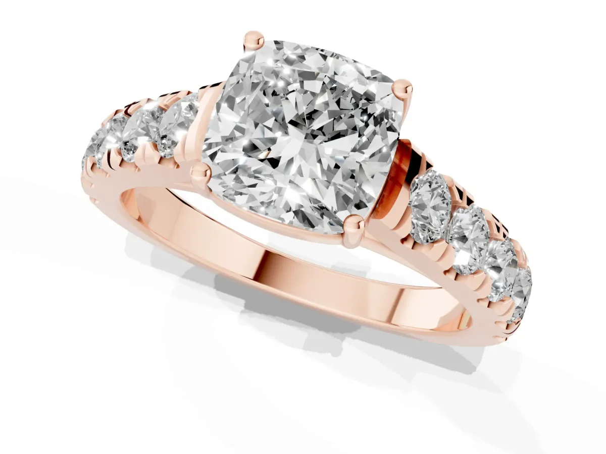 Cushion Cut Cut Diamond Solitaire Ring with Micro Pave Band and Prong Setting Rose gold