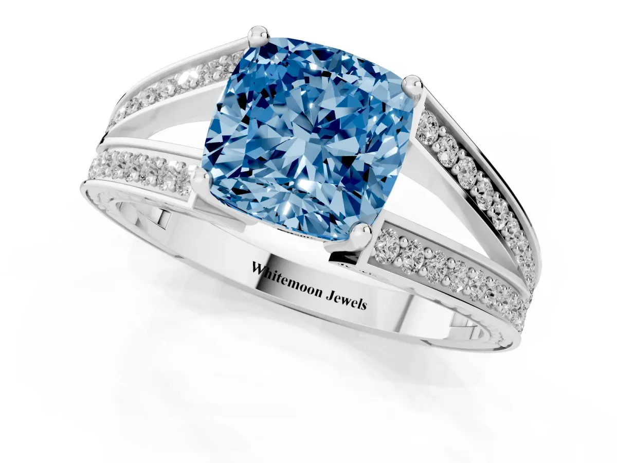 Fancy Blue Cushion Cut Diamond Split Shank Ring with Pavé Band and Four-Prong Setting White gold