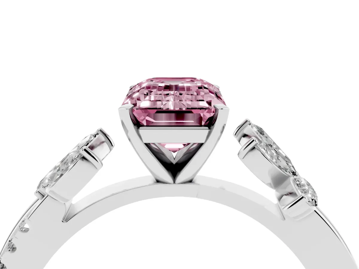 Fancy Pink Emerald Cut Diamond Floral Vine Solitaire Engagement Ring Silver