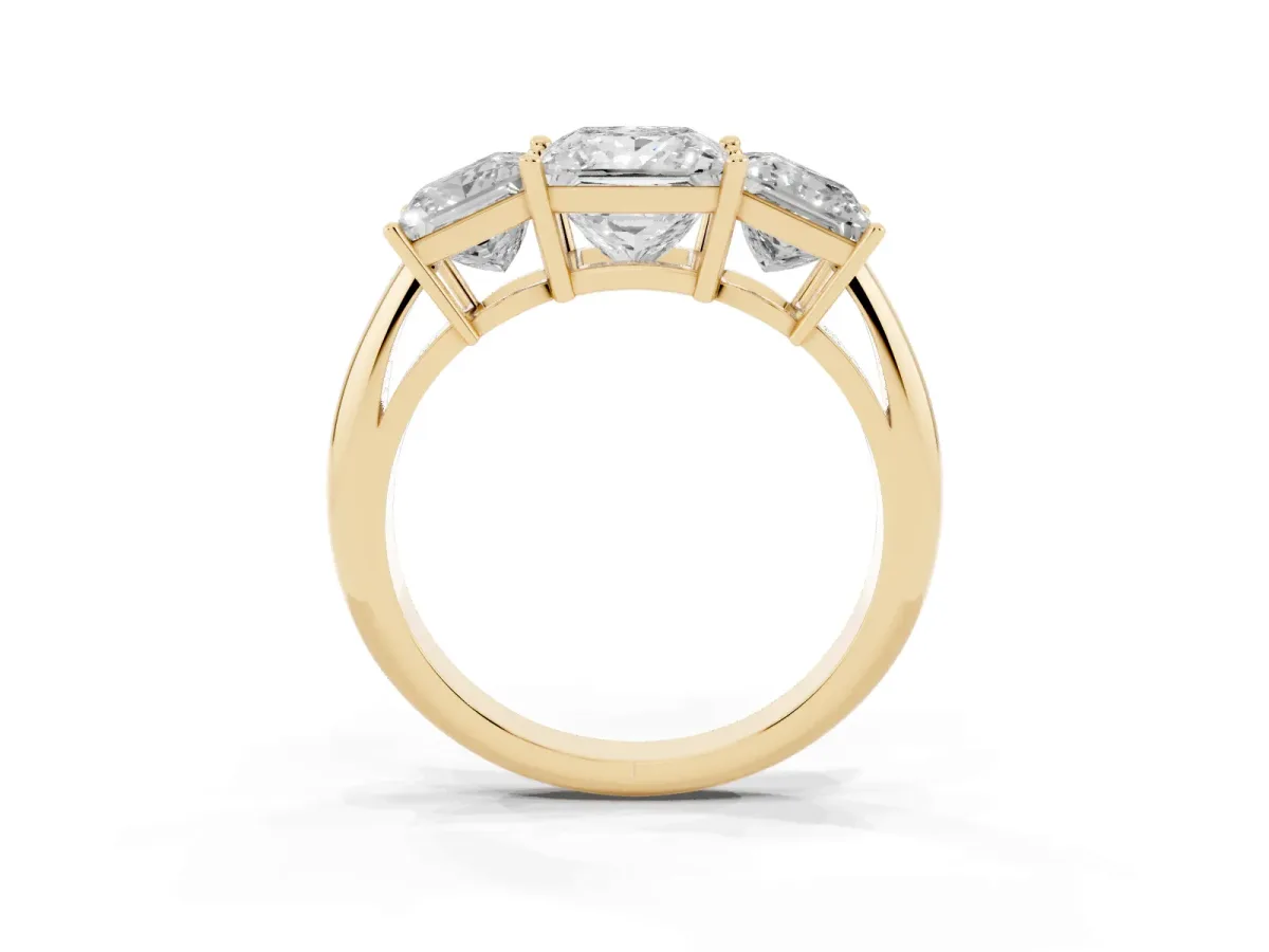 Three-Stone Princess Cut Cut Diamond Engagement Ring with Prong Setting on a White Gold Band Yellow gold