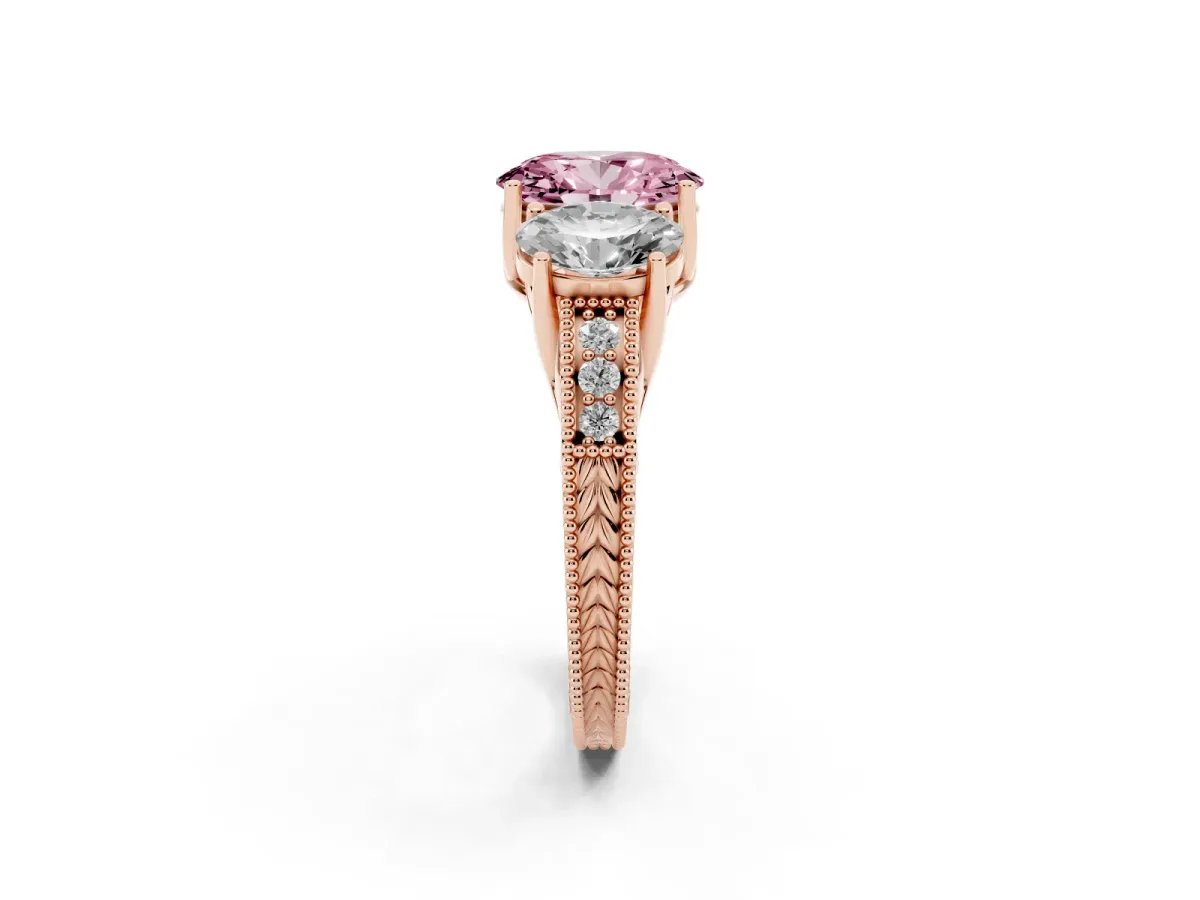 Fancy Pink Three-Stone Oval Cut Cut Milgrain Pavé Engagement Ring Rose gold