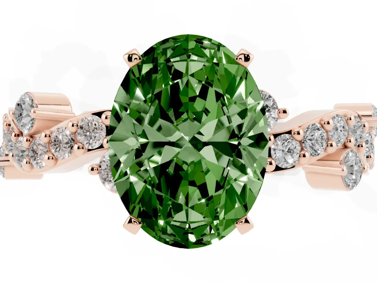 Fancy Green Oval Cut Cut Solitaire Diamond Twisted Band with Pave Setting Rose gold