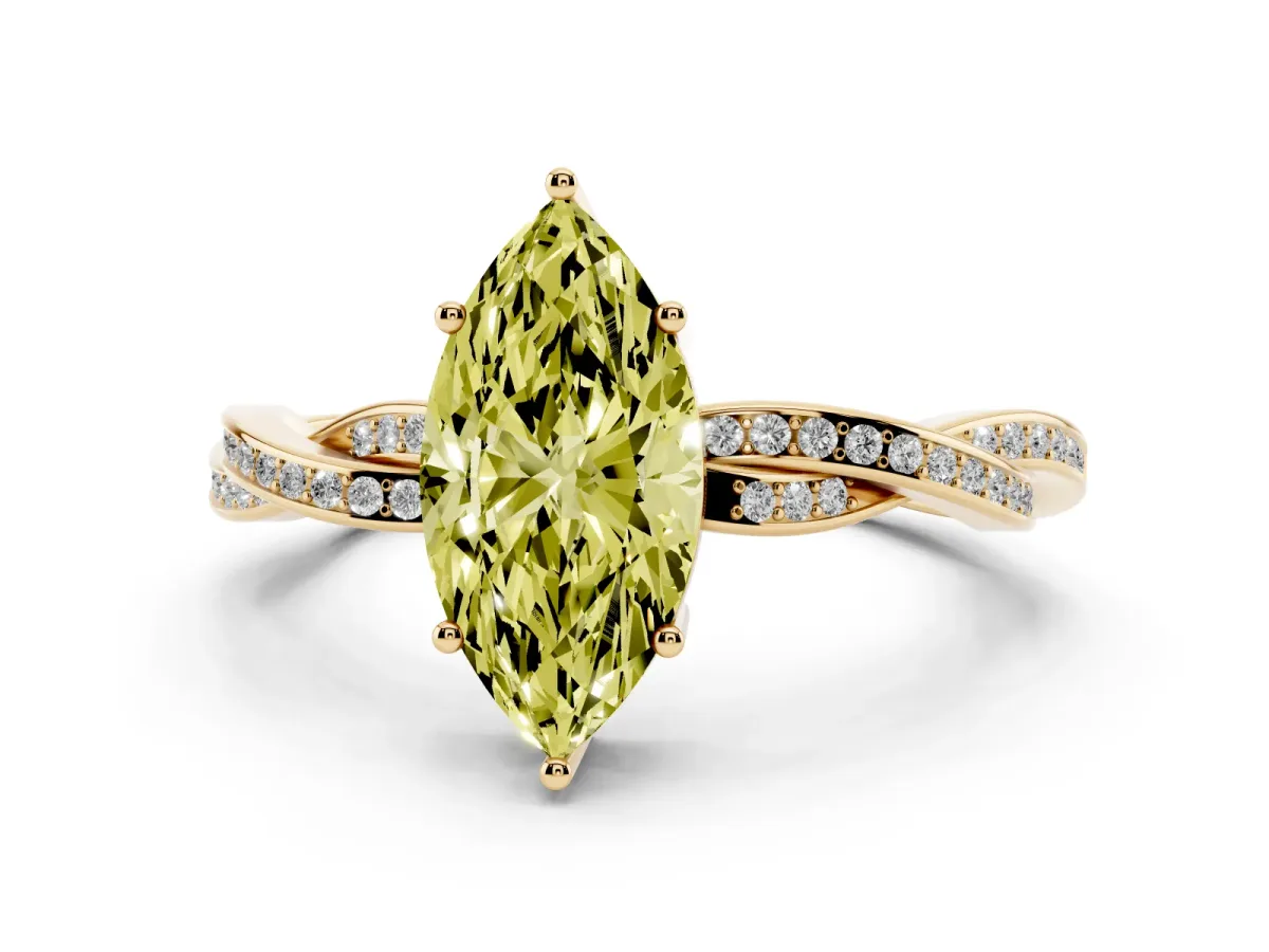 Fancy Yellow Marquise Cut Solitaire Twisted Pave Diamond Ring with Four-Prong Setting Yellow gold