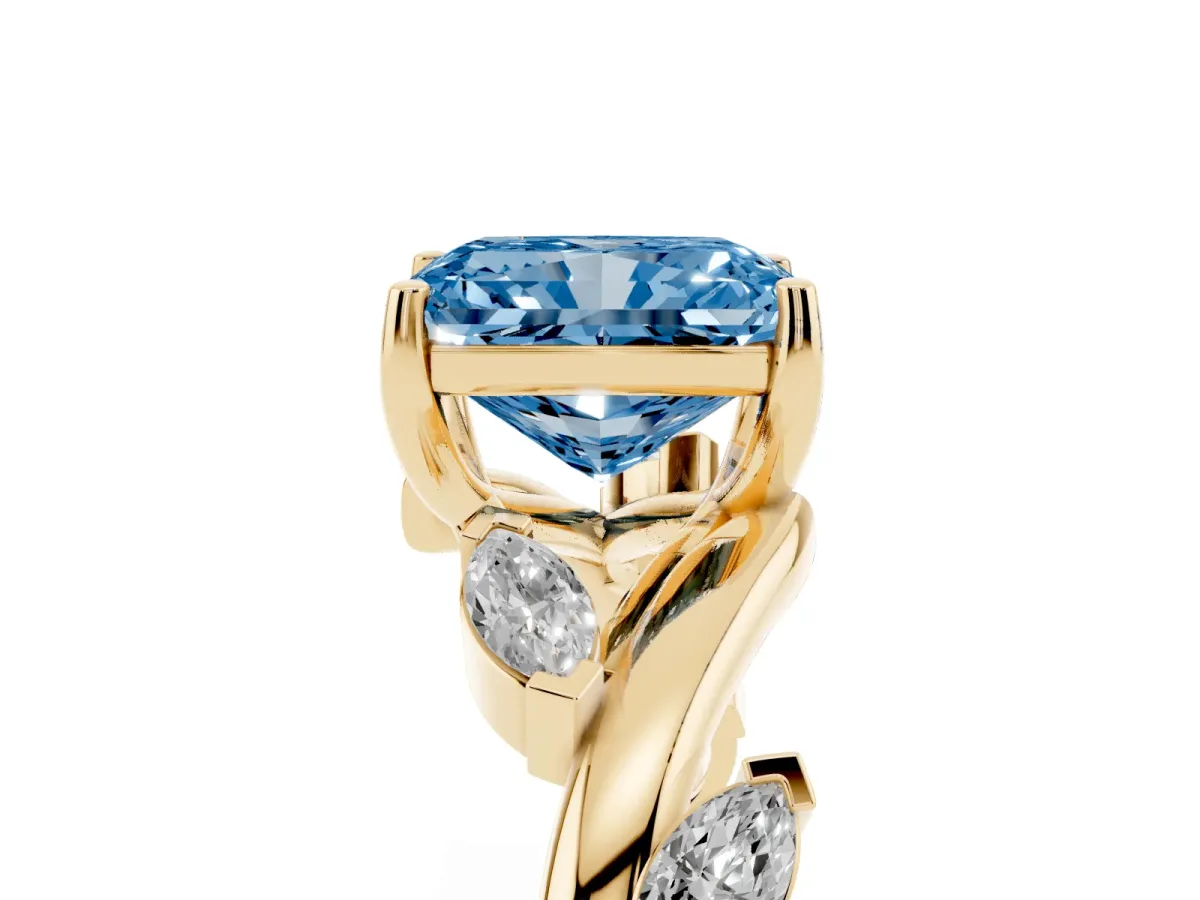 Fancy Blue Radiant Cut Solitaire Twisted Band Marquise Accent Prong Setting Ring Yellow gold