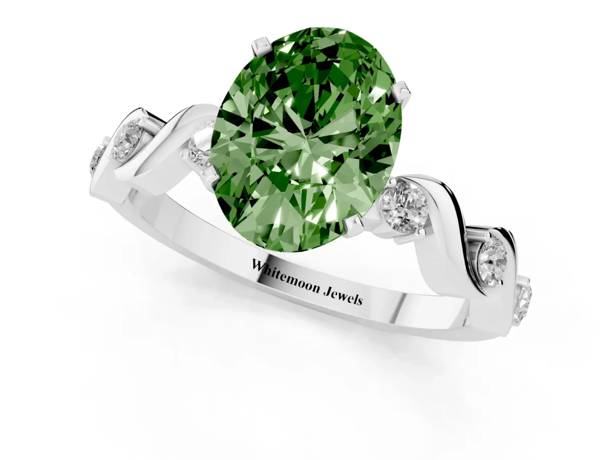 Fancy Green Oval Cut Diamond Solitaire Twisted Band with Round Accents and Prong Setting Silver