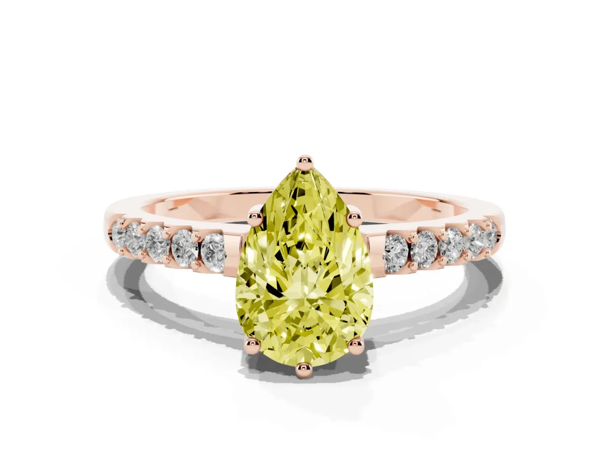 Fancy Yellow Pear Cut Solitaire Diamond Engagement Ring with Pavé Band and Six-Prong Setting Rose gold
