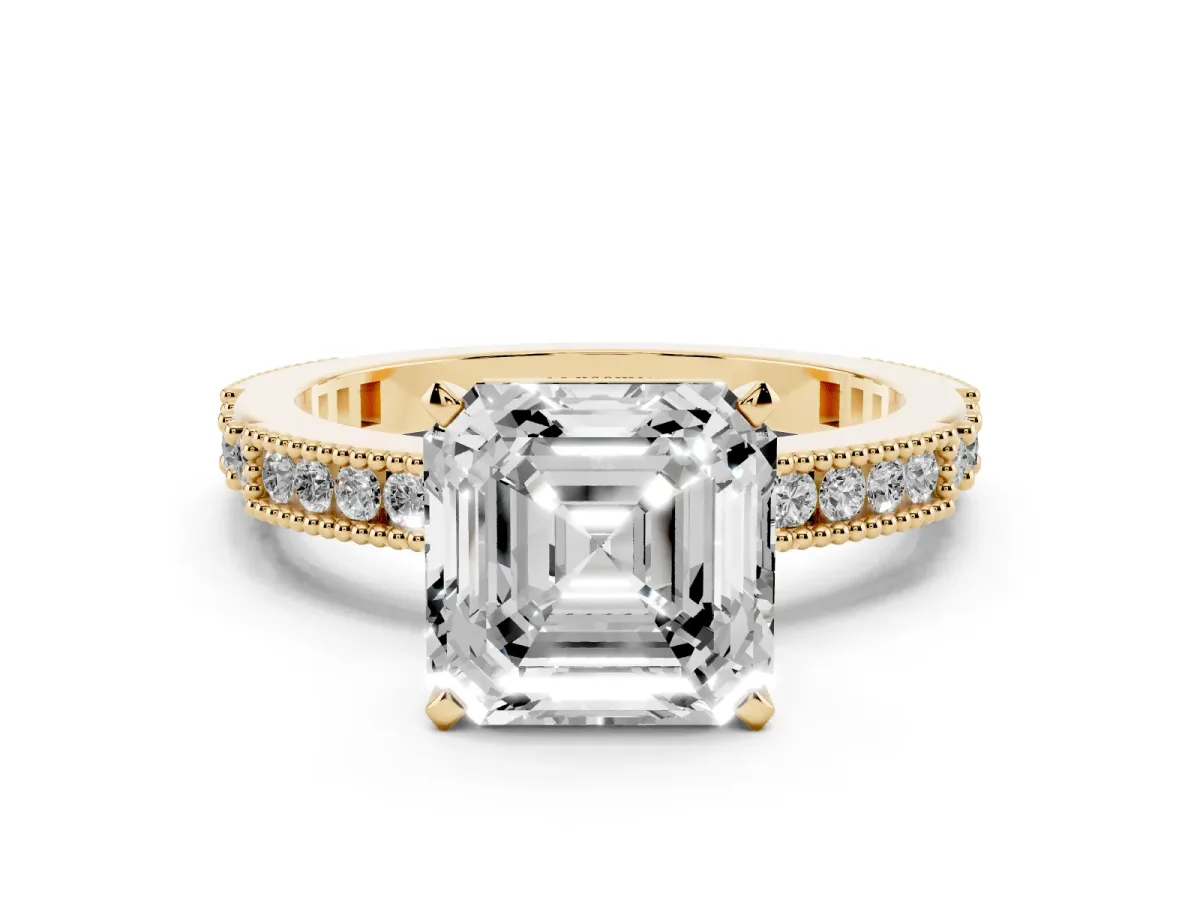 Asscher Cut Solitaire with Pavé Band and Four-Prong Setting Yellow gold