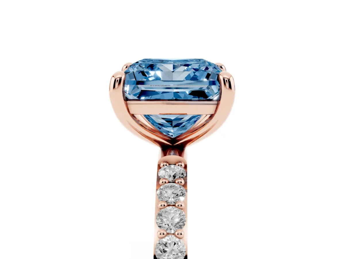 Fancy Blue Princess Cut Diamond Solitaire Ring with Round Pavé Band and Prong Setting Rose gold