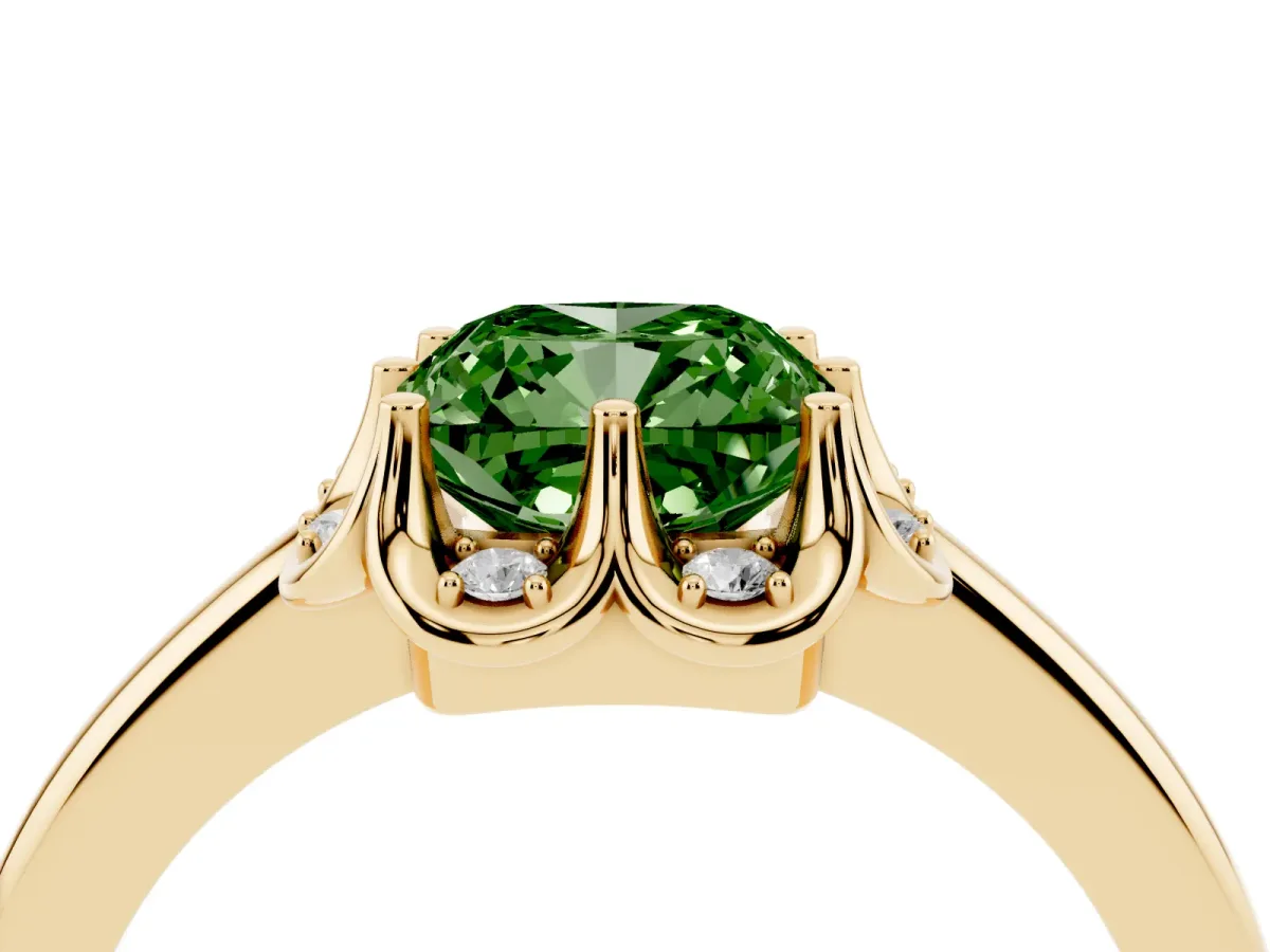 Fancy Green Cushion Cut Halo Diamond Ring with Round Cluster Setting, Solitaire Band, and Four-Prong Setting Yellow gold