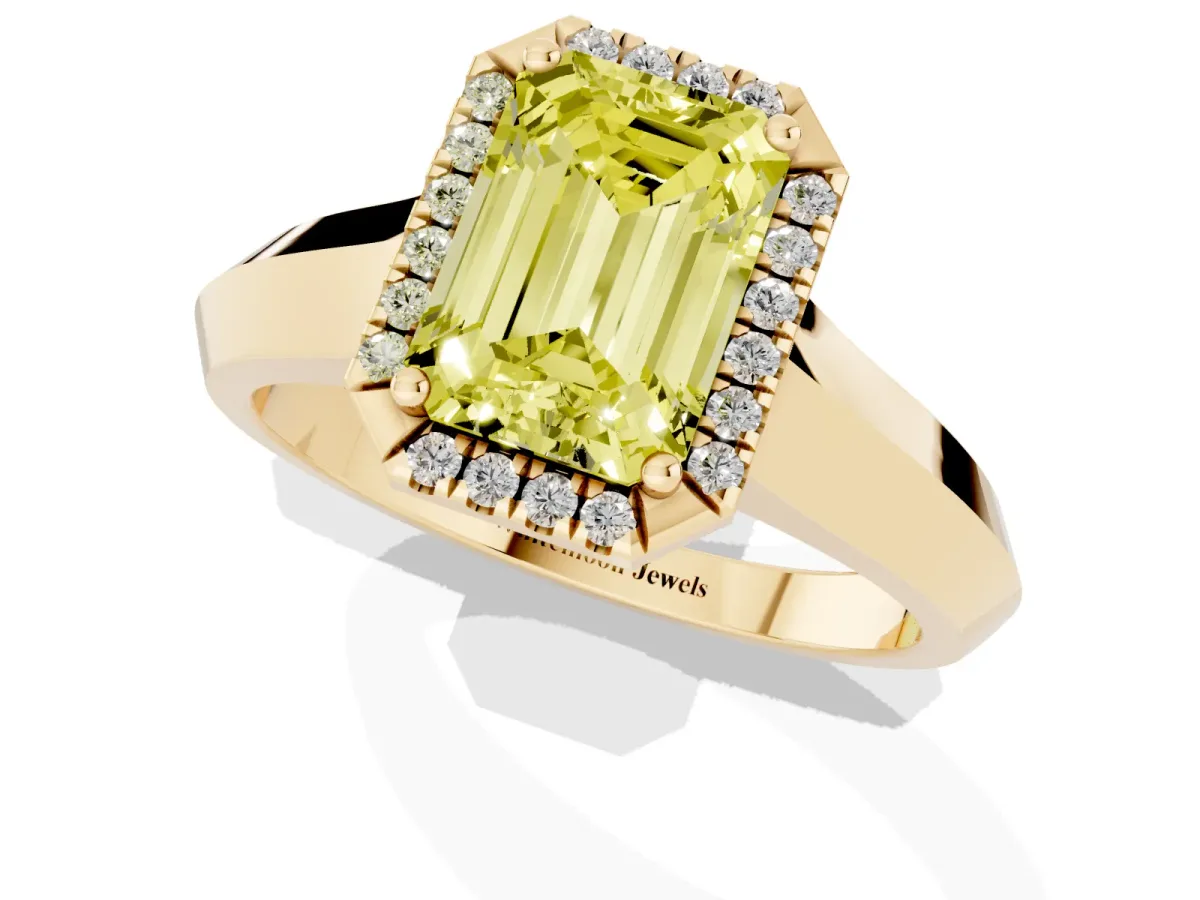 Fancy Yellow Emerald Cut Halo Diamond Ring with Cathedral Band and Four-Prong Setting Yellow gold
