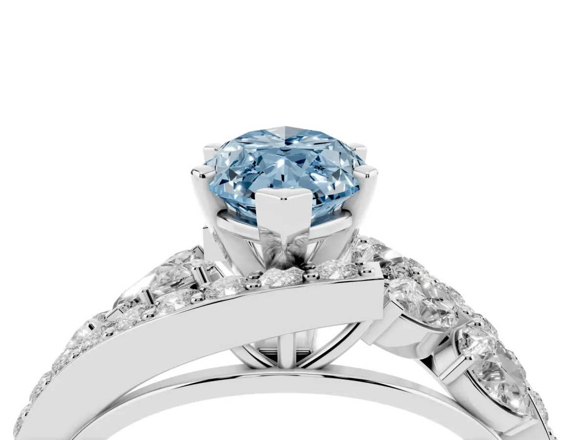 Fancy Blue Marquise Cut Diamond Halo Ring with Marquise and Pavé Band in Prong Setting Silver