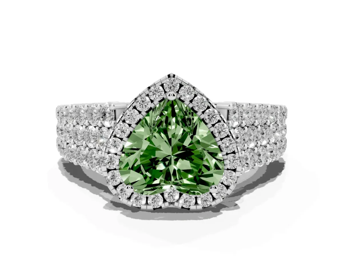 Fancy Green Heart Cut Diamond Halo Engagement Ring with Triple Row Round Pavé Band and Prong Setting Silver