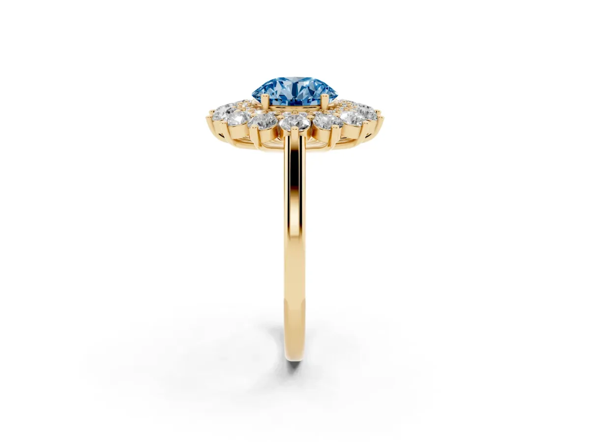 Fancy Blue Round Cut Diamond Floral Double Halo Engagement Ring with Prong Setting Yellow gold