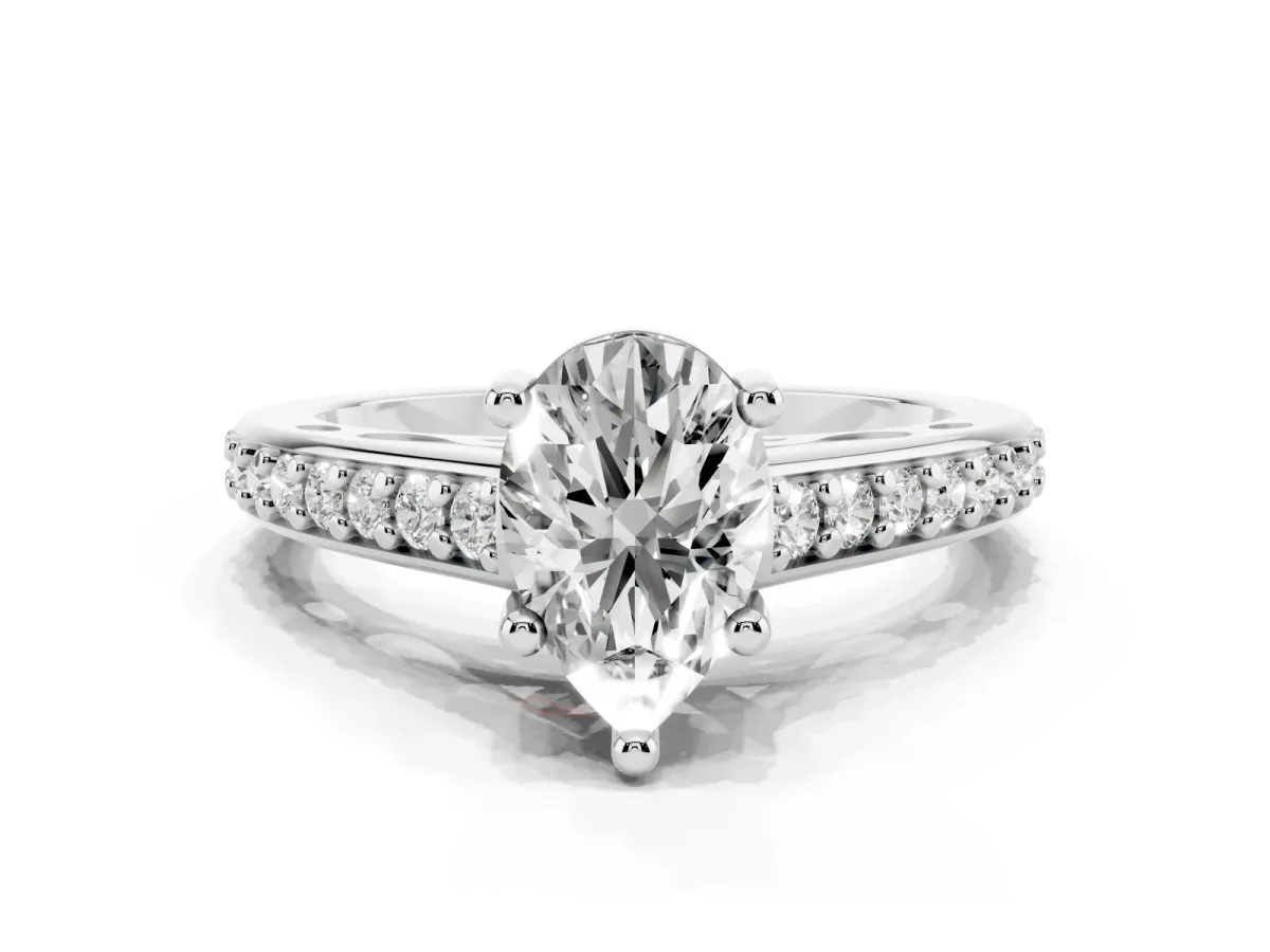 Pear Cut Solitaire Prong Set Diamond Engagement Ring with Pave Band Silver