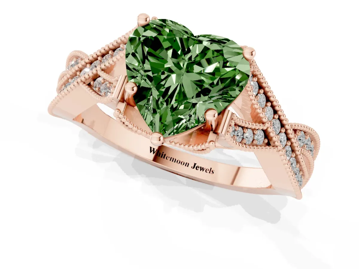Fancy Green Heart Cut Cut Diamond Twisted Band with Milgrain Pave Setting and Four-Prong Setting Rose gold