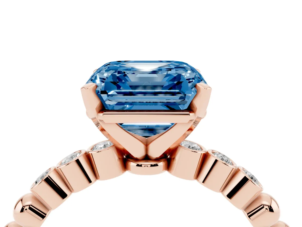 Fancy Blue Asscher Cut Solitaire Bezel Accent Diamond Engagement Ring with Beaded Band and Four-Prong Setting Rose gold