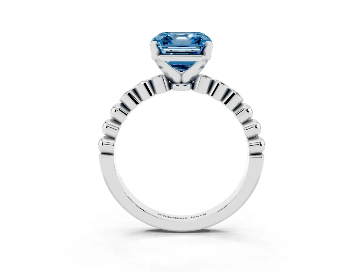 Fancy Blue Asscher Cut Solitaire Bezel Accent Diamond Engagement Ring with Beaded Band and Four-Prong Setting White gold