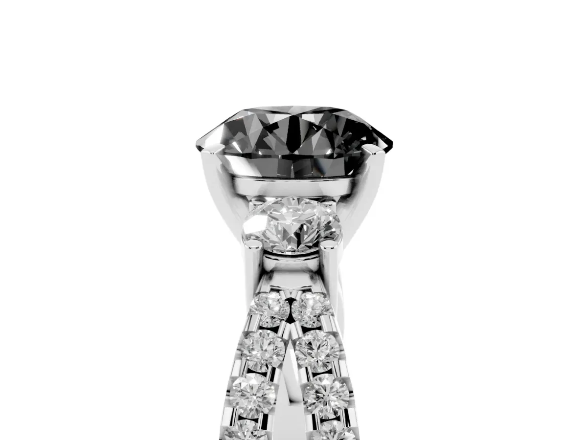 Fancy Black Round Cut Diamond Three-Stone Ring with Pavé Split Shank and Four-Prong Setting Silver