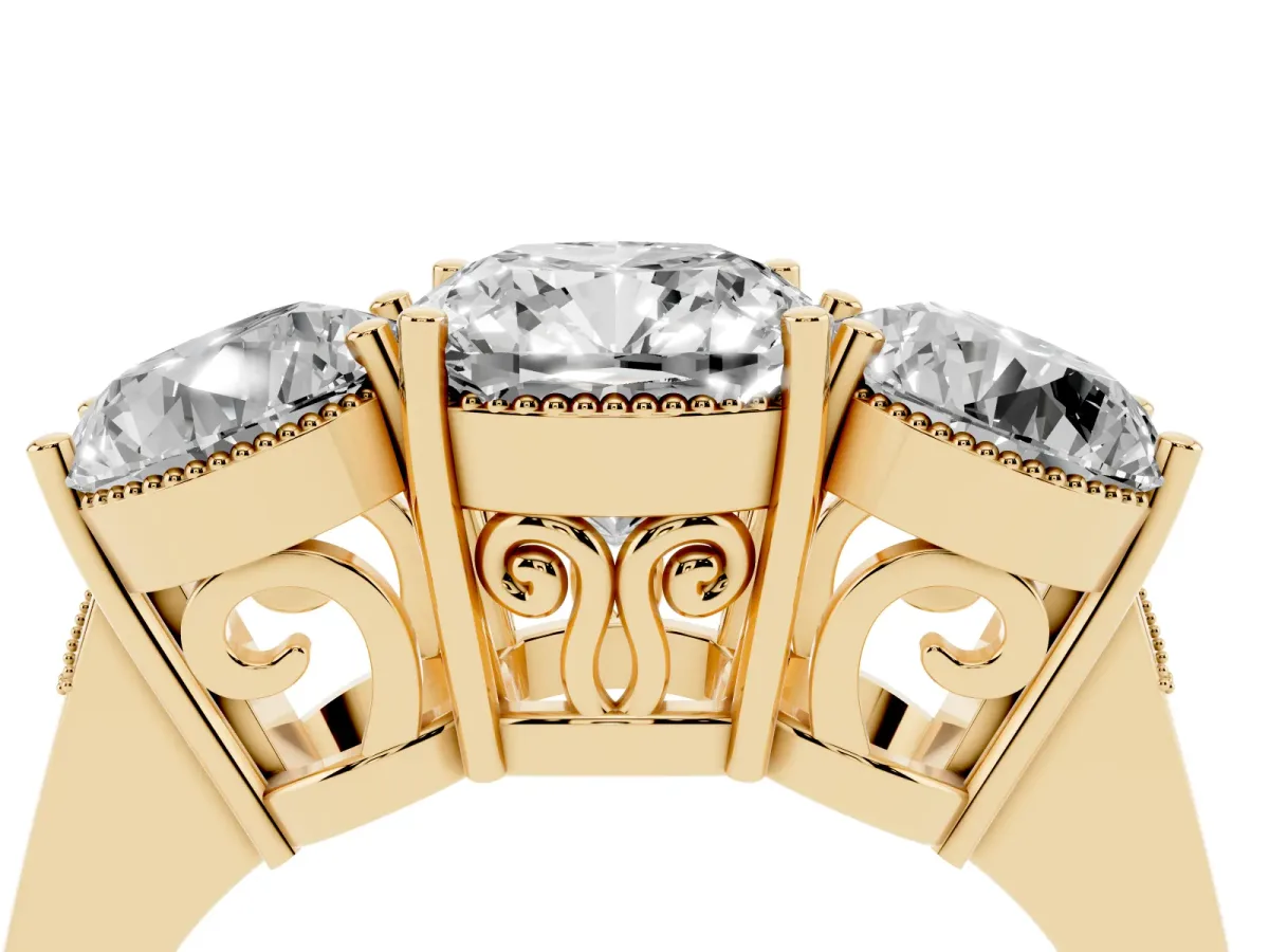 Three-Stone Cushion Cut Diamond Engagement Ring with Prong Setting on a Classic Band Yellow gold