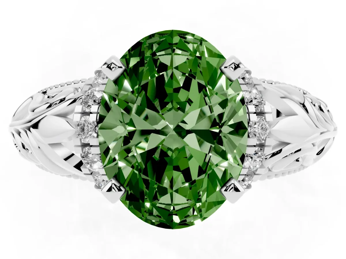Fancy Green Oval Cut Solitaire Filigree Engagement Ring with Halo and Prong Setting Silver