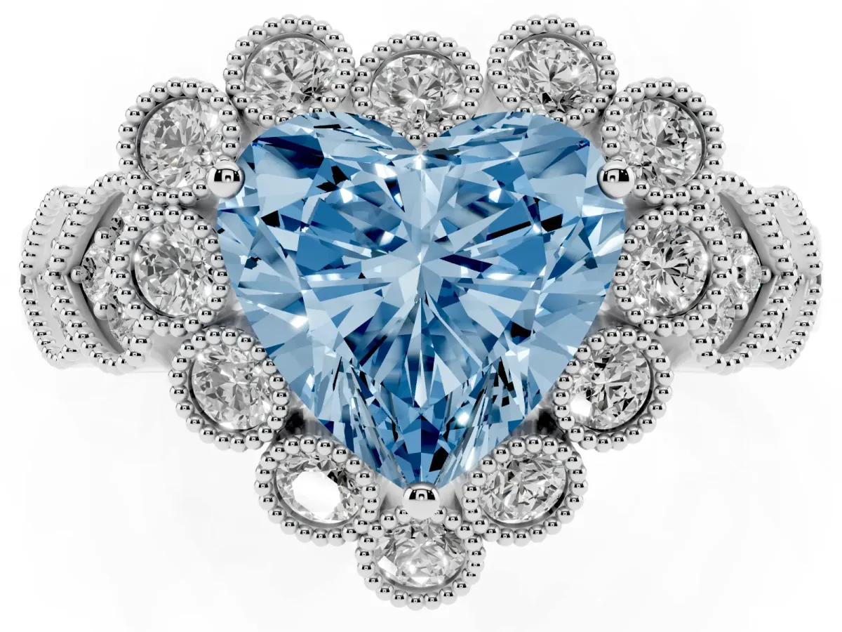 Fancy Blue Heart Cut Brilliant Milgrain Pave Heart Band Solitaire Ring White gold