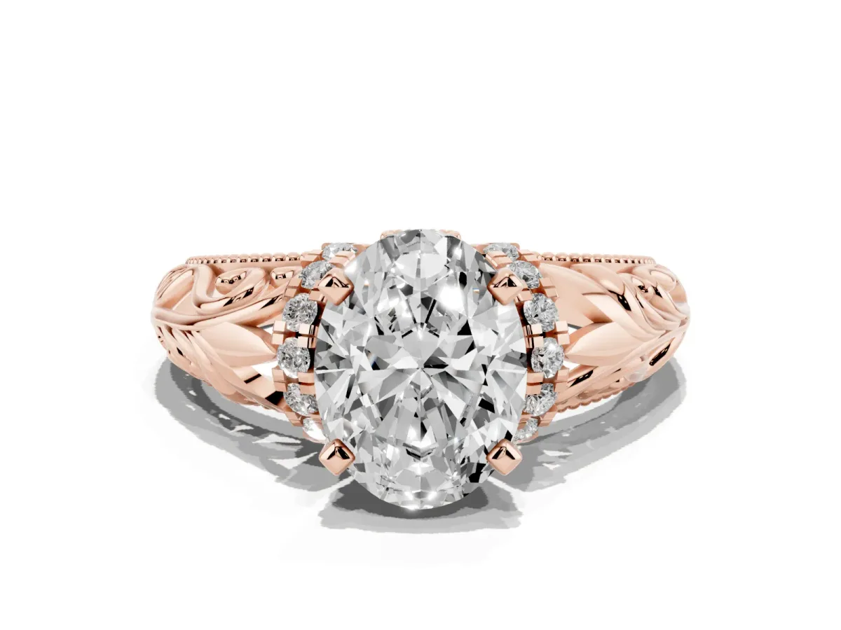 Oval Cut Solitaire Filigree Engagement Ring with Halo and Prong Setting Rose gold