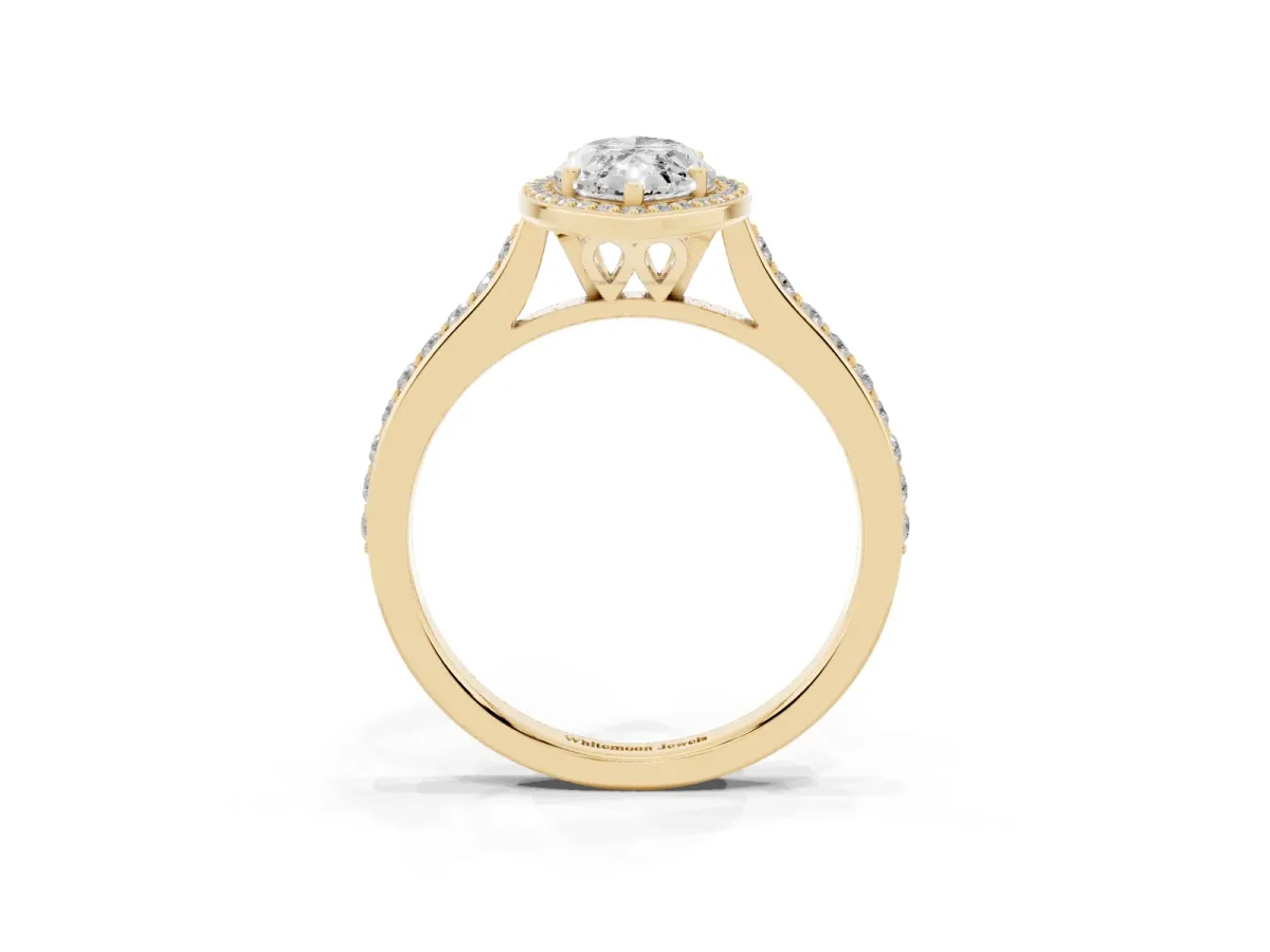 Marquise Cut Diamond Halo Engagement Ring with Round Pavé Shoulders and Prong Setting Yellow gold