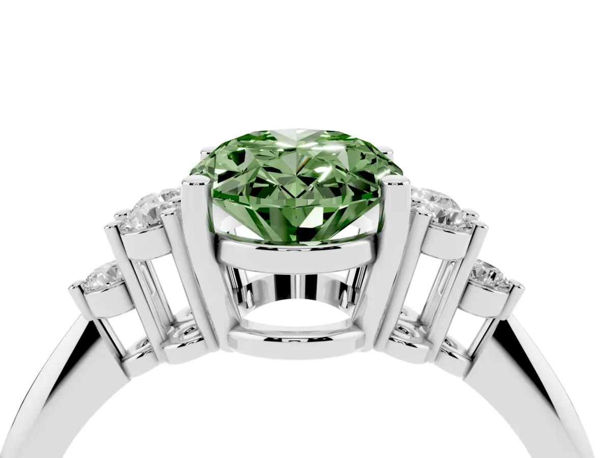 Fancy Green Oval Cut Cut Diamond Cluster Ring with Solitaire Band and Four-Prong Setting Silver